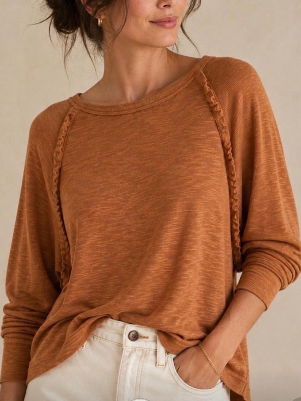 Anthropologie’s Pilcro Diana Ruffled Raglan Pullover Top Warm Terracotta Medium